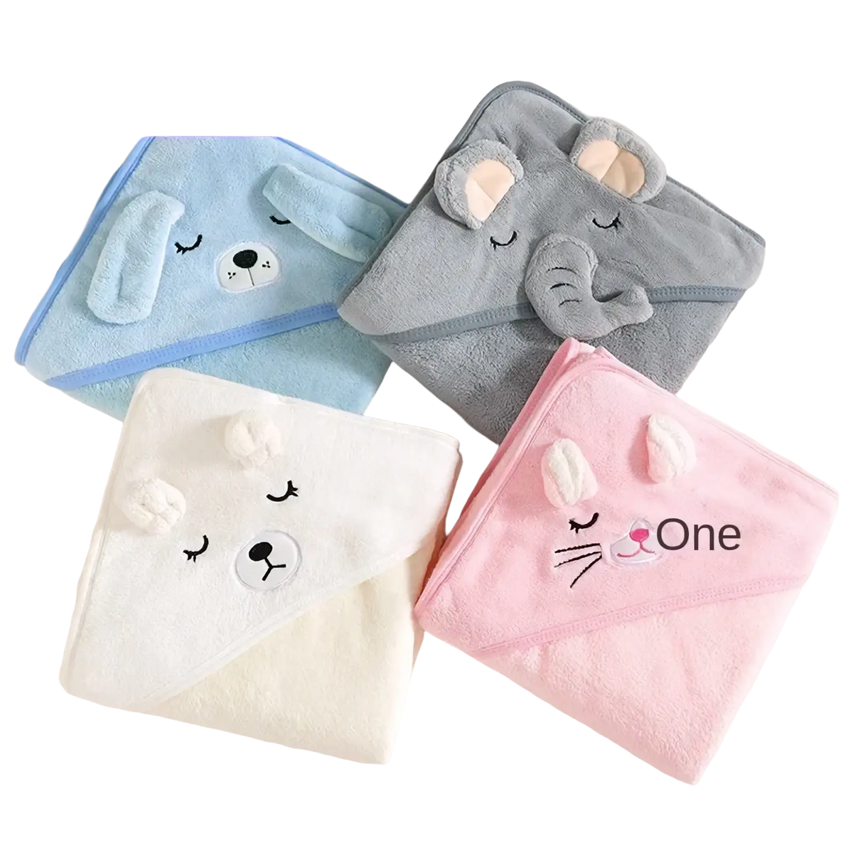 Cat hooded baby bath towel soft plush absorbent in light blue gray white and pink with embroidered animal faces