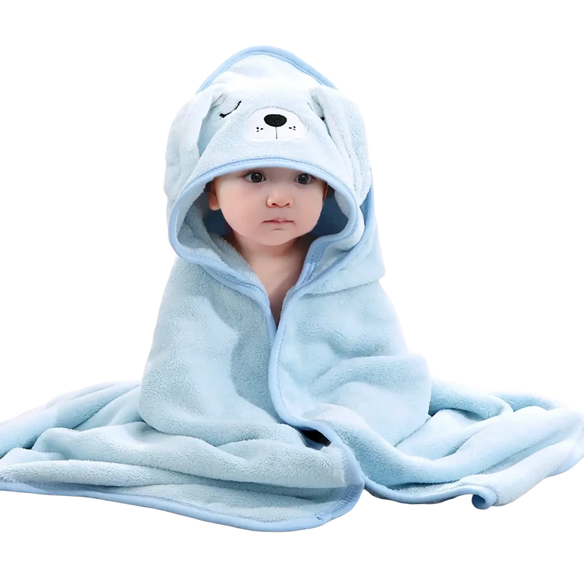 Light blue plush hooded baby bath towel with a cute cartoon dog face design soft and absorbent