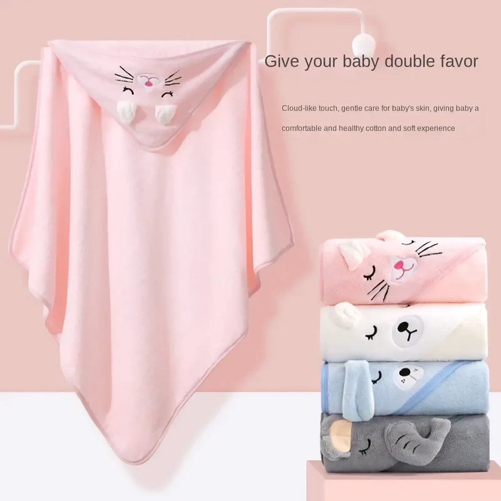 Pink hooded baby towel soft plush absorbent with embroidered cat face closed eyes whiskers and white paw-like ears