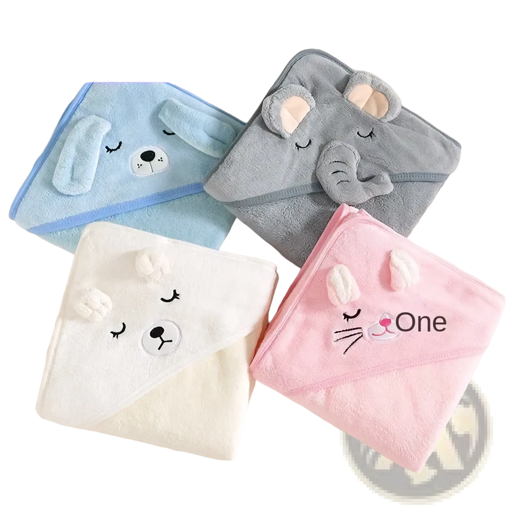 Cat hooded baby bath towel soft plush absorbent in light blue gray white and pink with embroidered animal faces