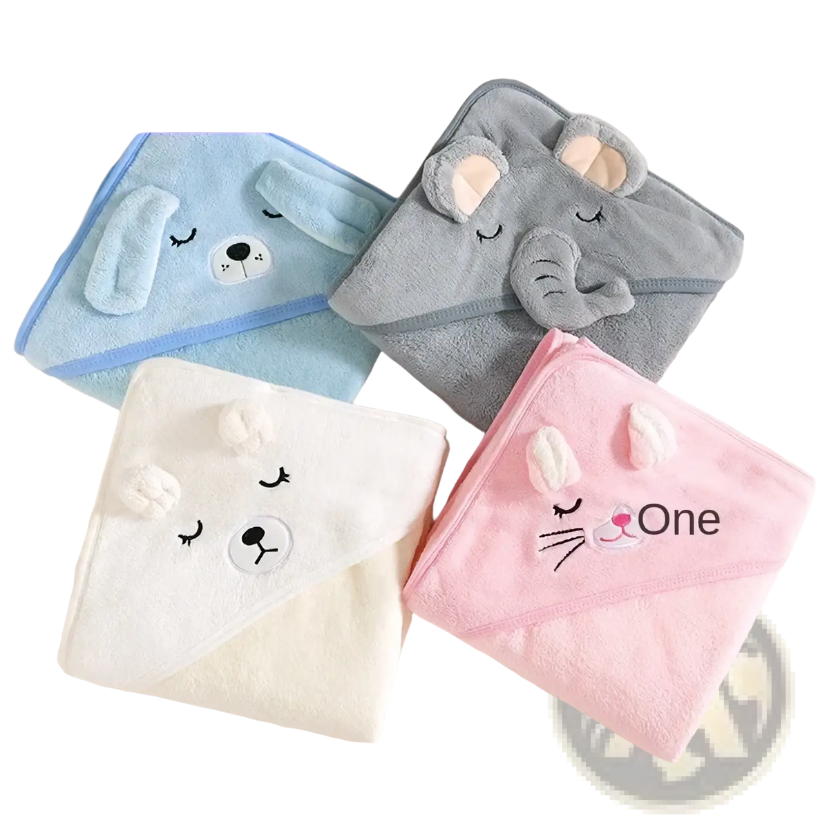 Cat hooded baby bath towel soft plush absorbent in light blue gray white and pink with embroidered animal faces