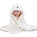 Soft white polar bear-themed hooded baby bath towel made of plush absorbent fabric with embroidered facial features