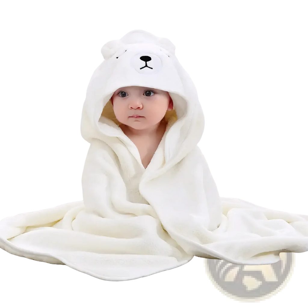 Soft white polar bear-themed hooded baby bath towel made of plush absorbent fabric with embroidered facial features