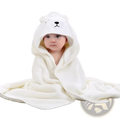Soft white polar bear-themed hooded baby bath towel made of plush absorbent fabric with embroidered facial features