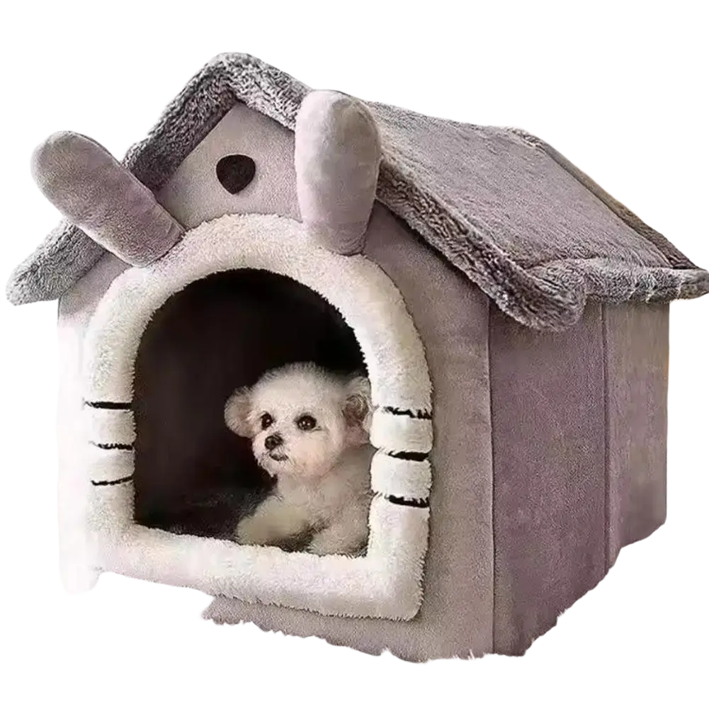 A cozy gray plush cat house with a soft textured roof and white fleece trim foldable washable pet nest bed
