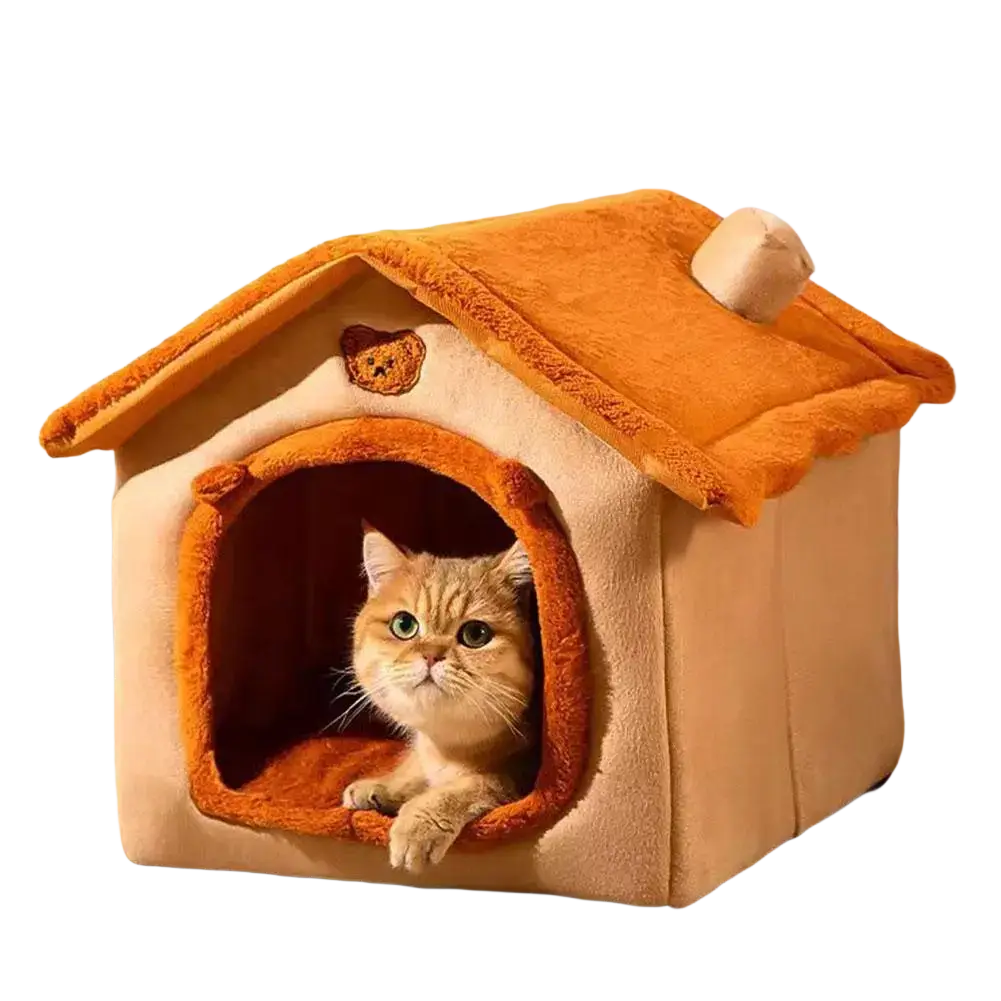 Cozy orange and beige plush foldable cat house with teddy bear emblem for washable winter warm pet nest and cat bed