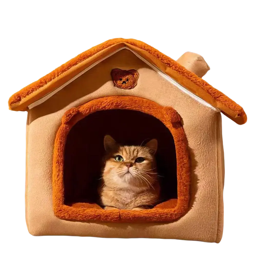 Cozy plush cat house with tan body orange trim and embroidered bear face foldable washable winter warm pet bed