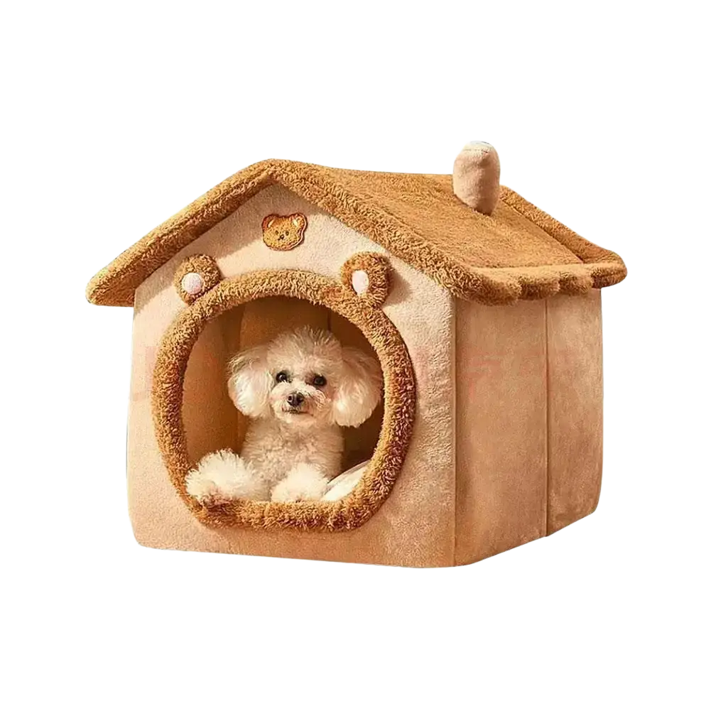 Cute tan plush cat house with bear-themed details and soft interior ideal as a washable winter warm pet nest or cat bed