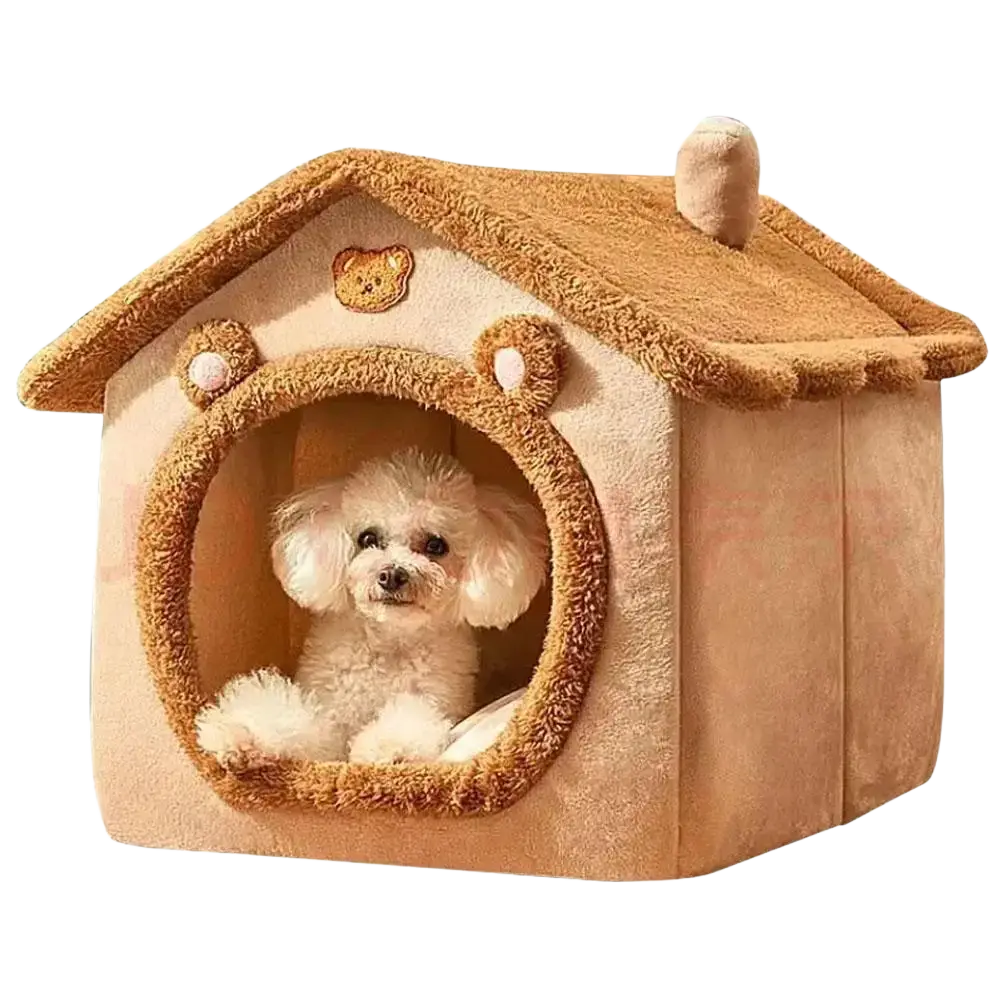 Cute tan plush foldable washable cat house with bear ear details and chimney for winter warm pet nest and cat bed