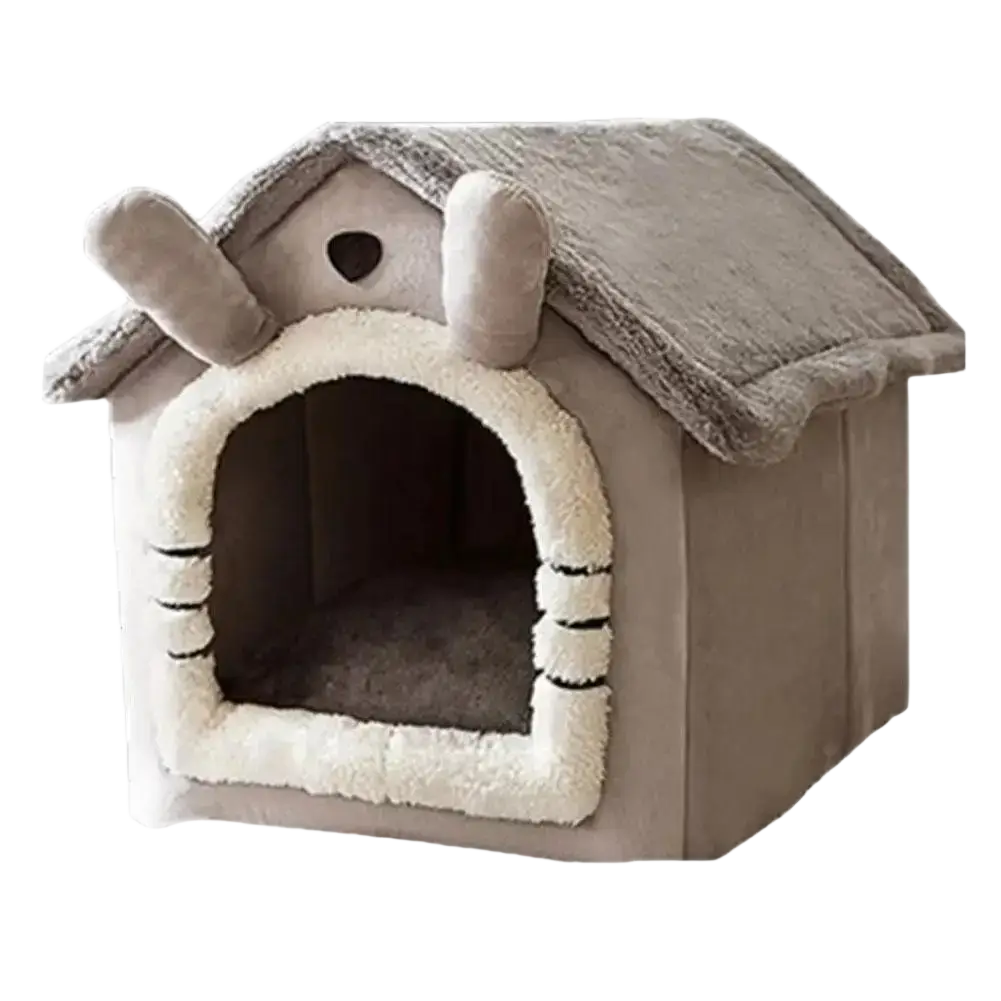 Soft gray and cream plush cat house with white faux fur entrance and ear-like roof features warm foldable pet bed
