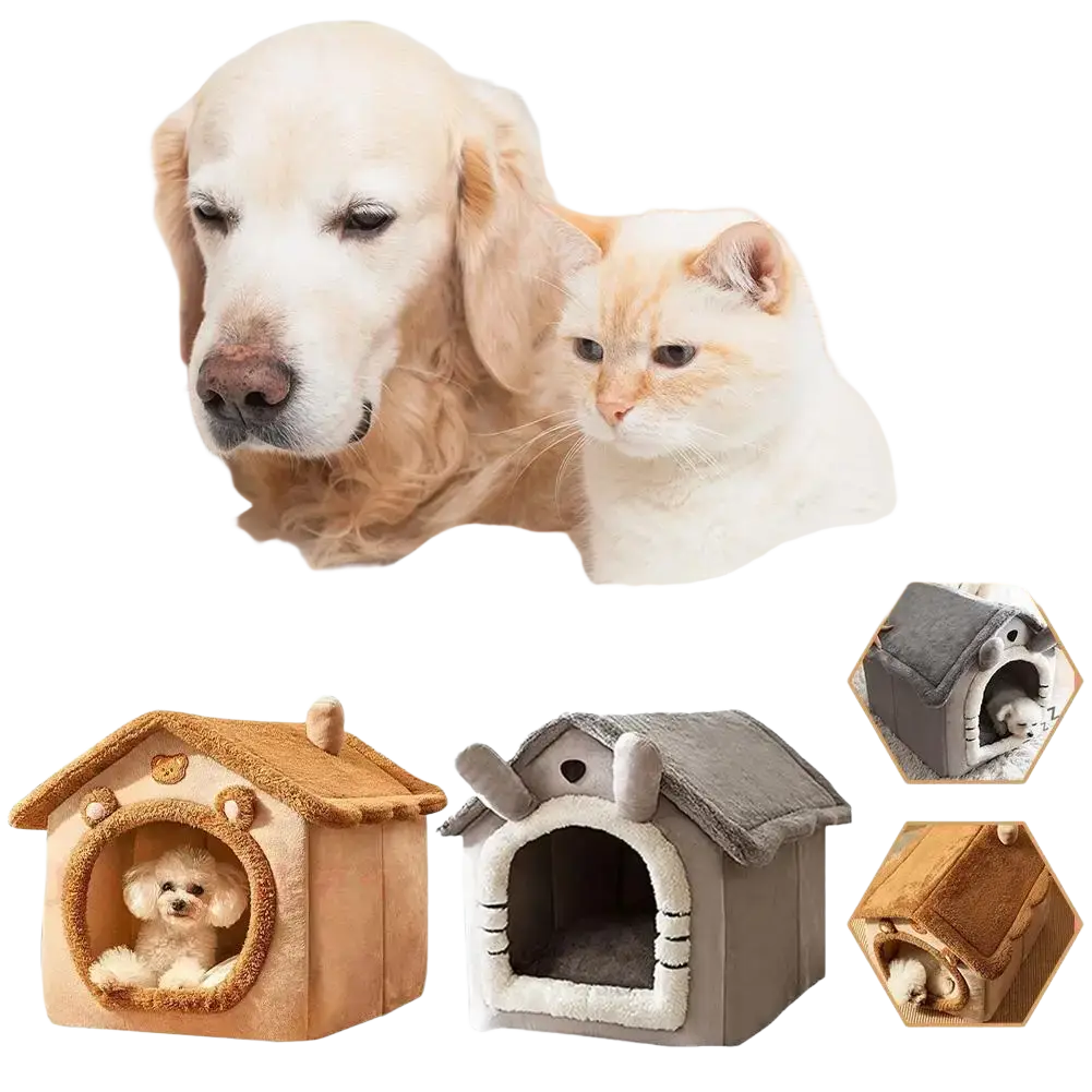 Soft plush tan and gray foldable washable cat house pet nest with cozy interiors for winter warm cat bed use