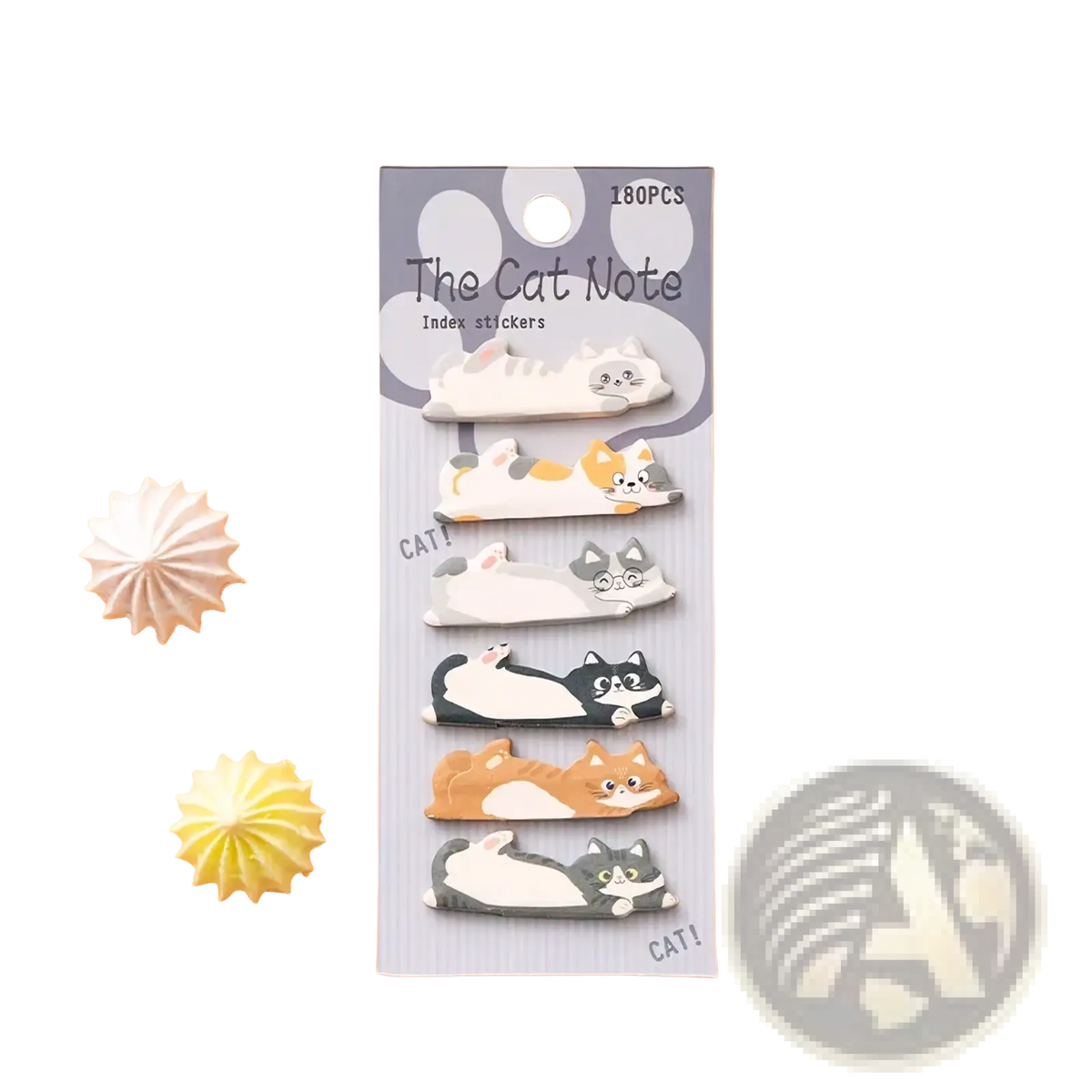 A set of 180 colorful cat-themed adhesive index stickers with various poses on a gray card with paw print design