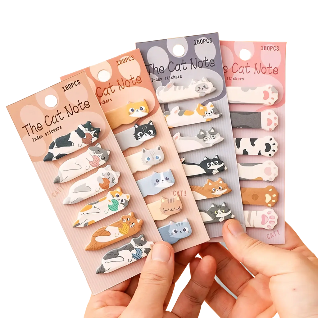 Pastel-colored cat index stickers with cute cartoon cat designs on adhesive tabs for memo pad organization