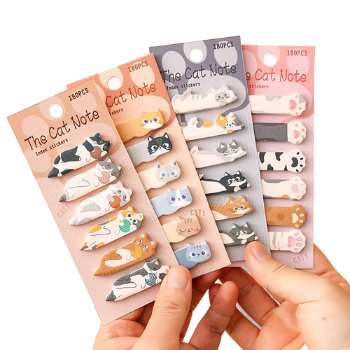 Pastel-colored cat index stickers with cute cartoon cat designs on adhesive tabs for memo pad organization