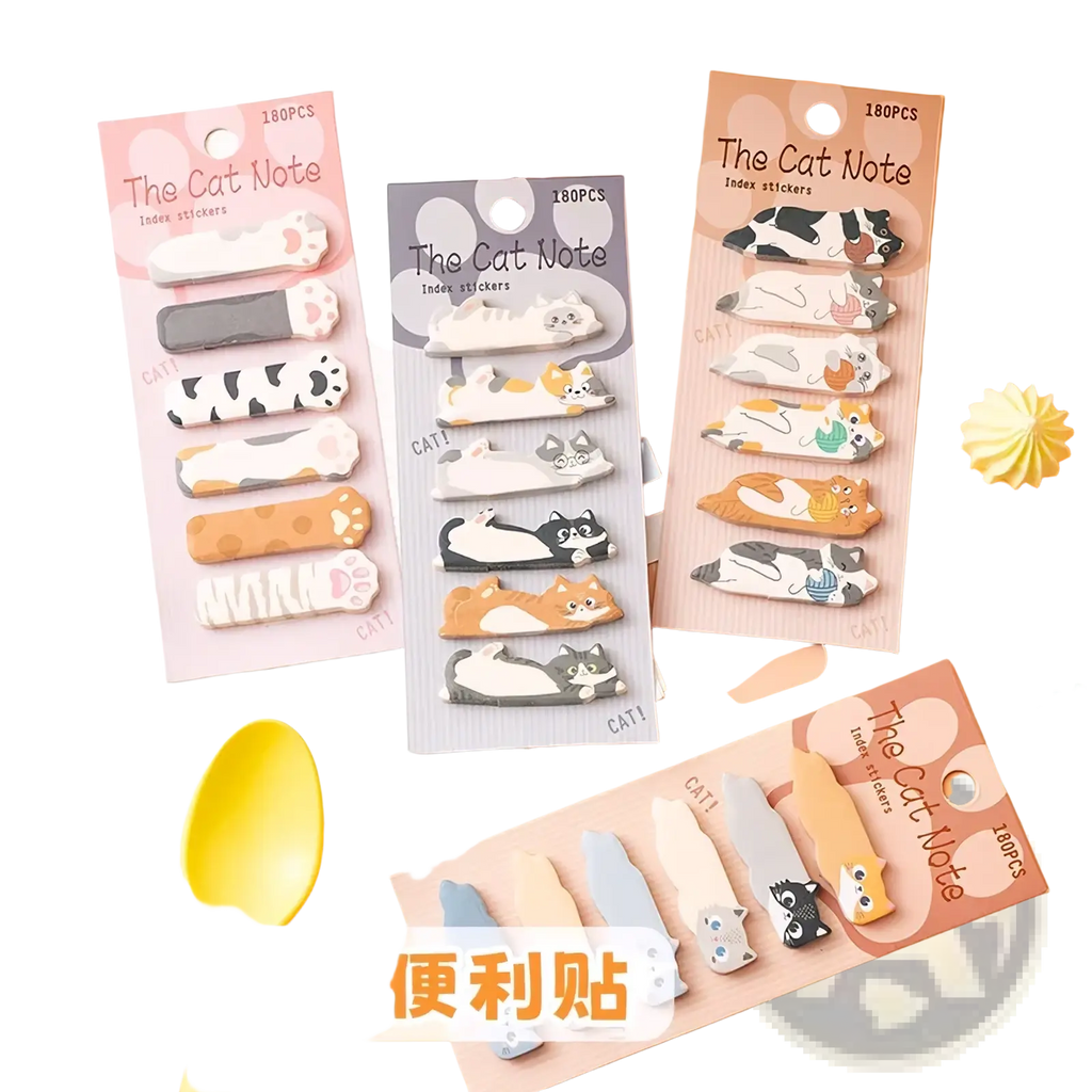 Cat index stickers cute adhesive tabs memo pad featuring cat-shaped pastel and solid color adhesive index tabs on branded cards