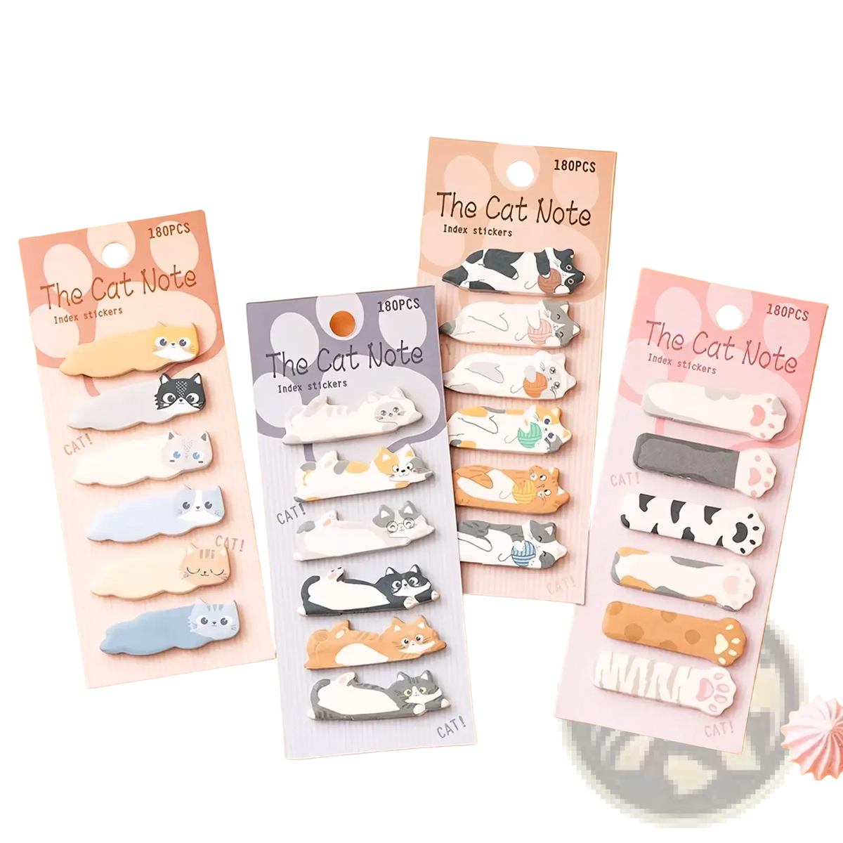Three packages of cat index stickers featuring 180 pastel and solid color cat-shaped adhesive tabs for memo notes
