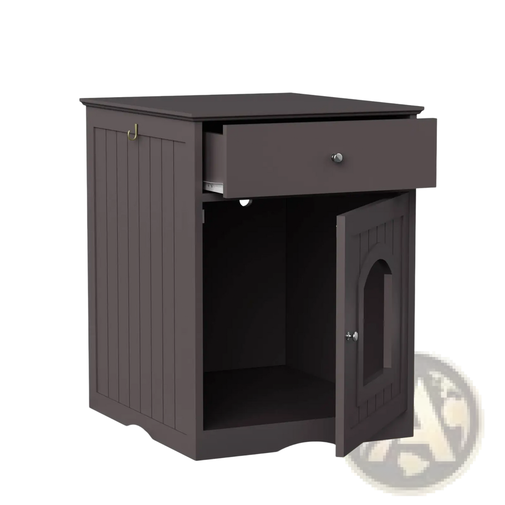 Dark gray wooden cat litter box enclosure nightstand with drawer and arched door for discreet pet use