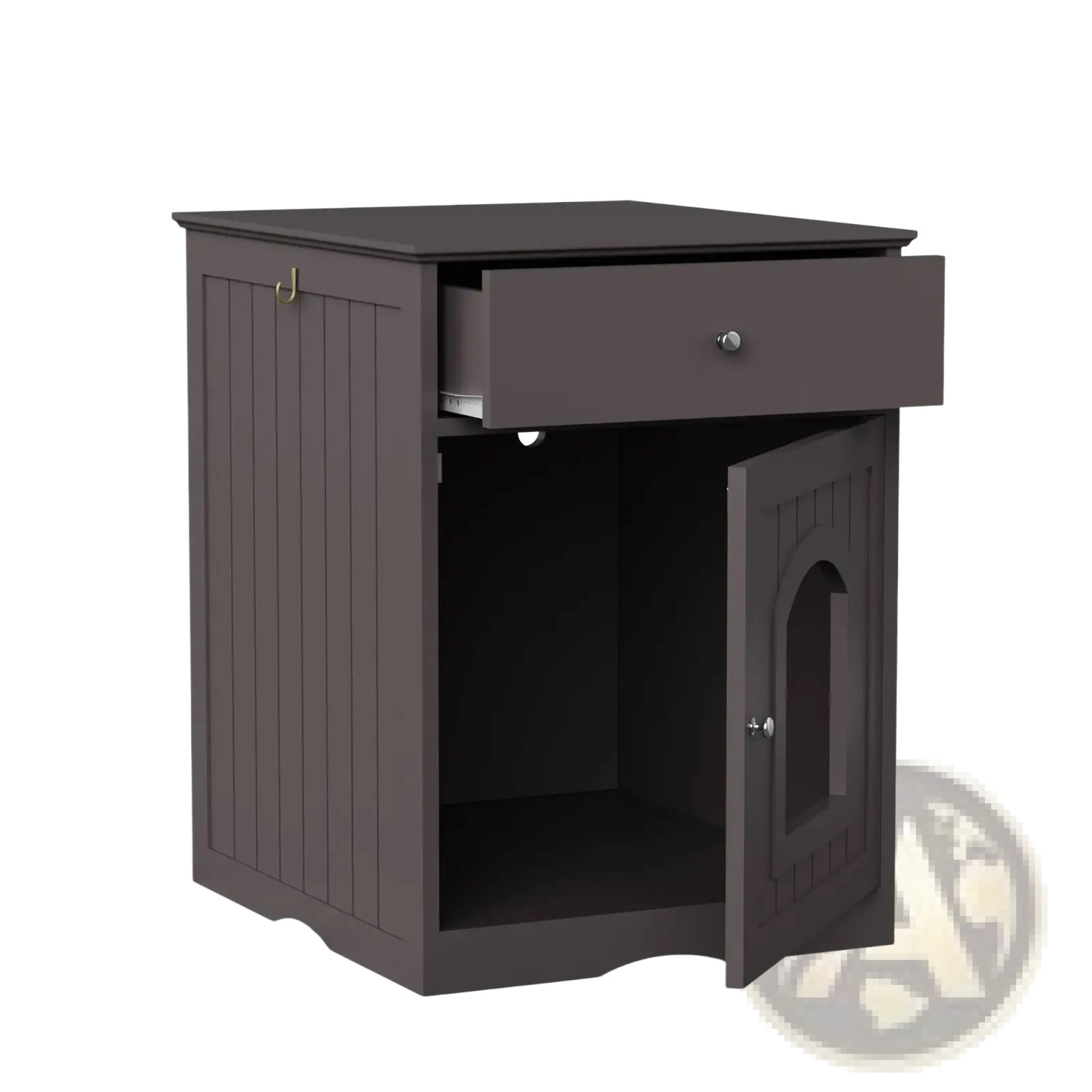 Dark gray wooden cat litter box enclosure nightstand with drawer and arched door for discreet pet use