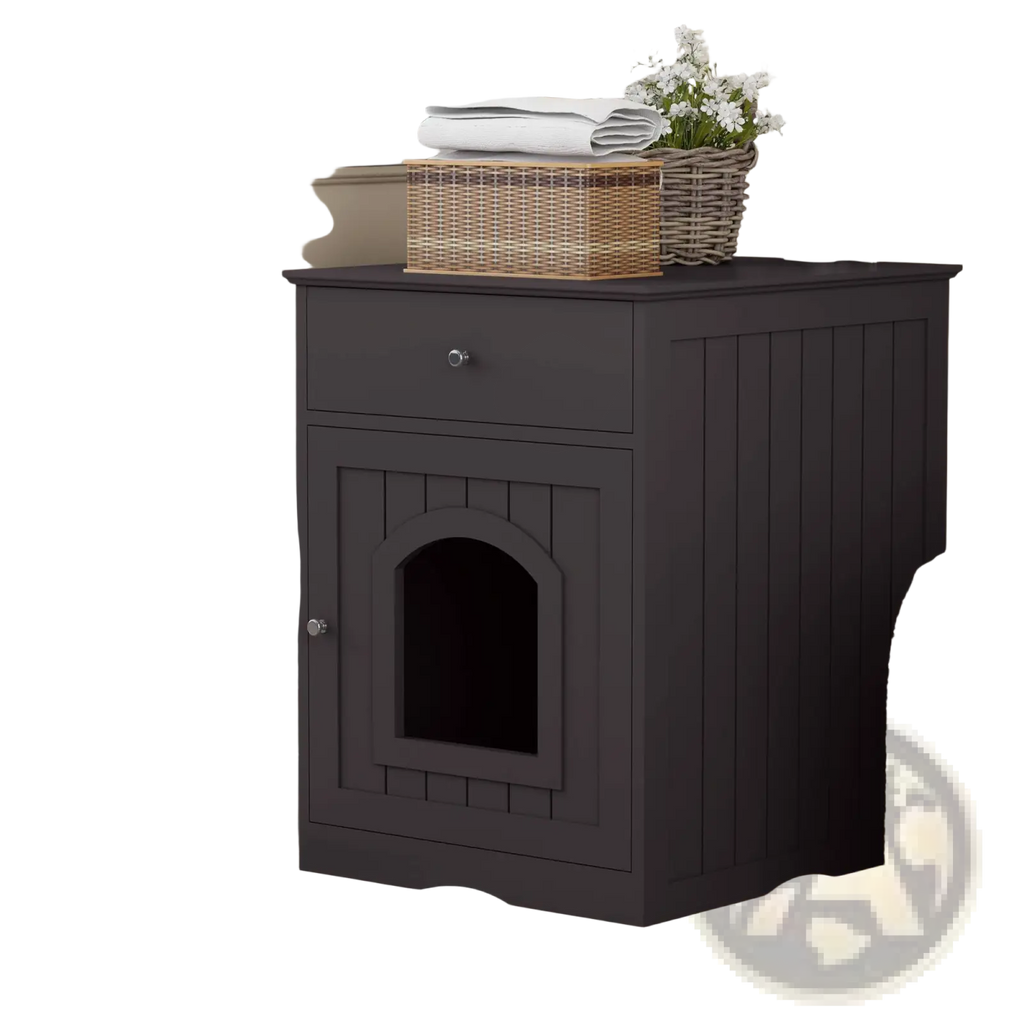 Dark gray wooden cat litter box enclosure nightstand with single drawer and arched entrance door