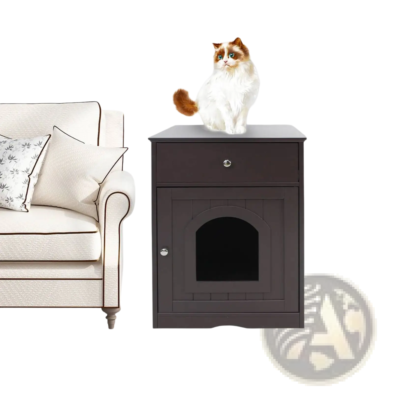 Dark brown wooden cat litter box enclosure nightstand with a drawer and arched entrance for discreet pet use