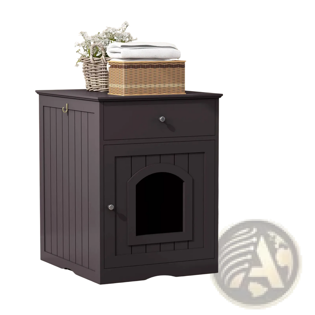 Dark gray wooden cat litter box enclosure nightstand with drawer and arched door for discreet pet use