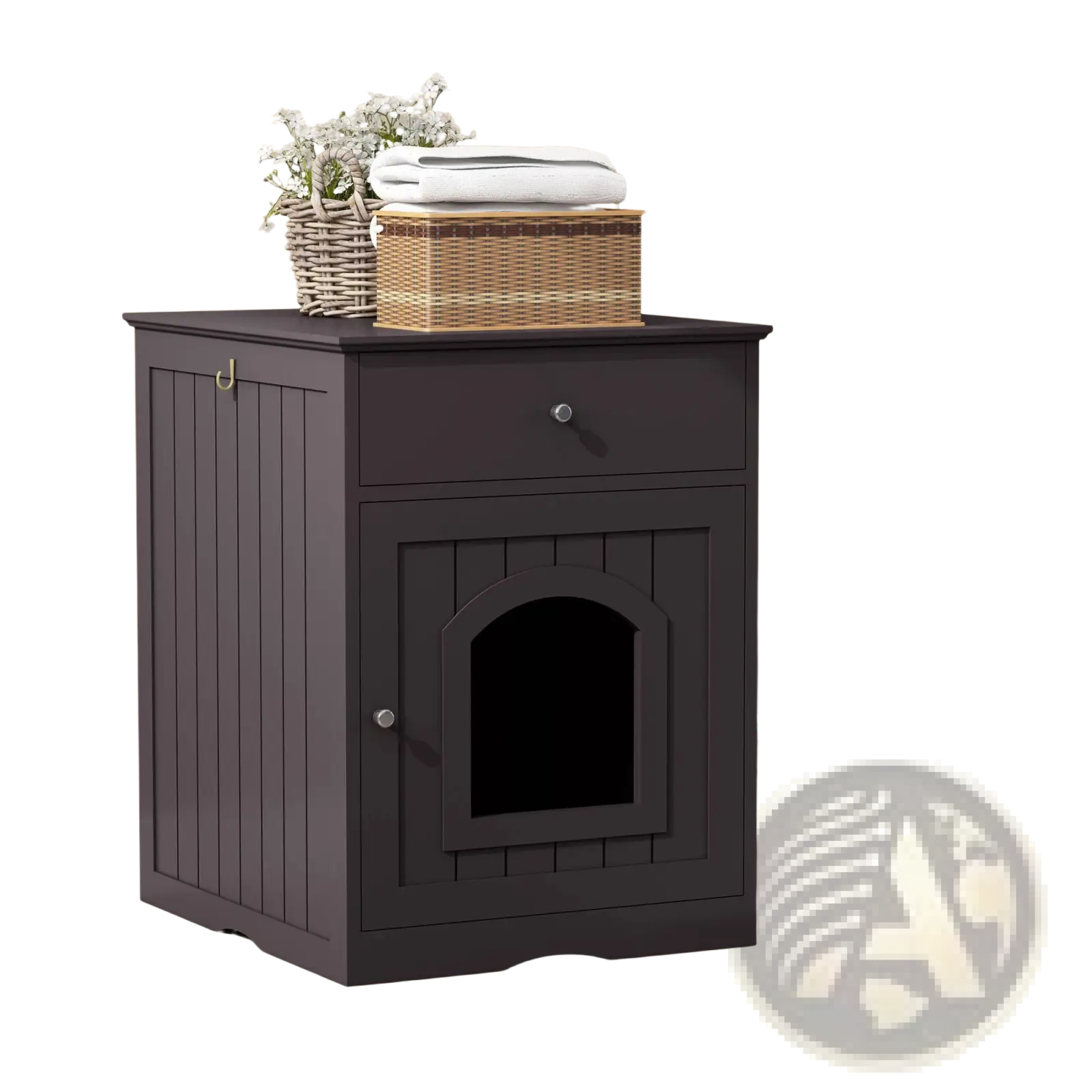 Dark gray wooden cat litter box enclosure nightstand with drawer and arched door for discreet pet use