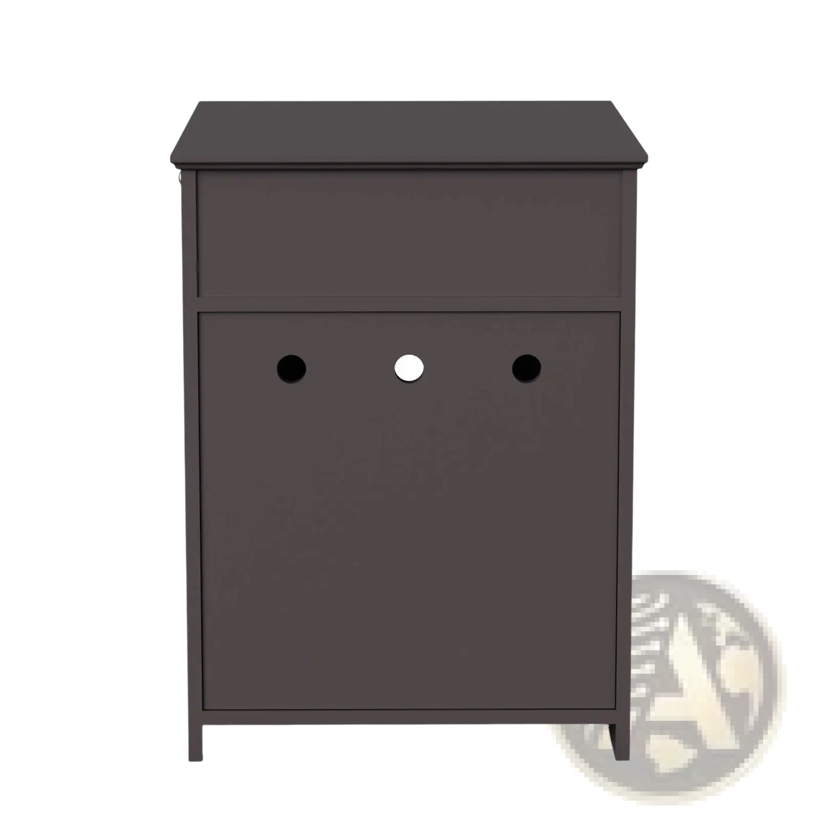 Dark gray wooden minimalist cat litter box enclosure nightstand with single drawer and cabinet door with three circular cutouts