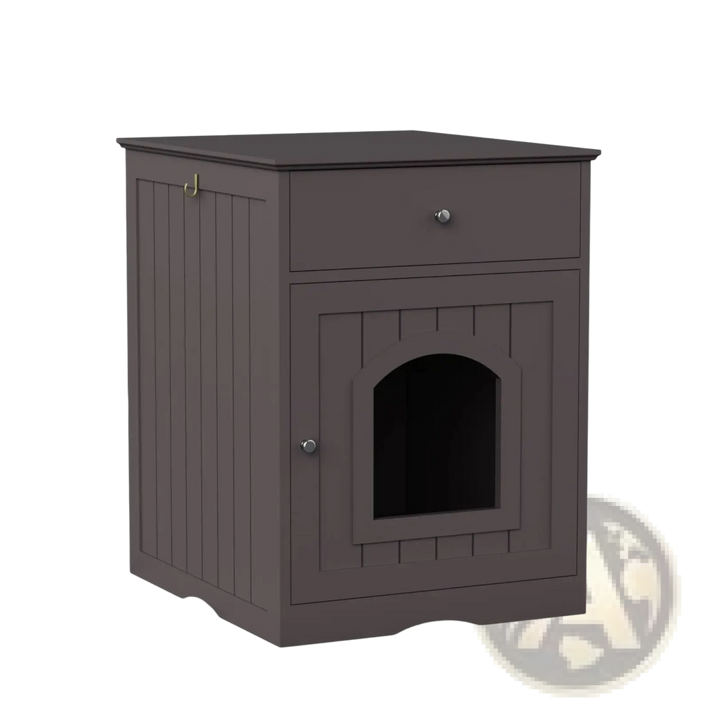 Dark gray wooden cat litter box enclosure nightstand with drawer and arched entrance for discreet pet use
