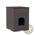 Dark gray wooden cat litter box enclosure nightstand with drawer and arched entrance for discreet pet use