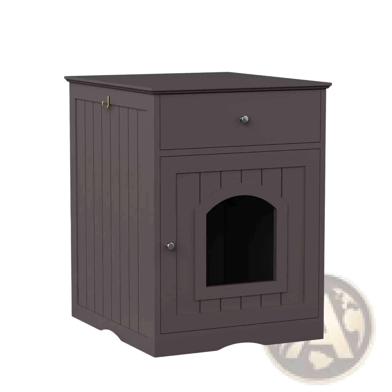 Dark gray wooden cat litter box enclosure nightstand with drawer and arched entrance for discreet pet use