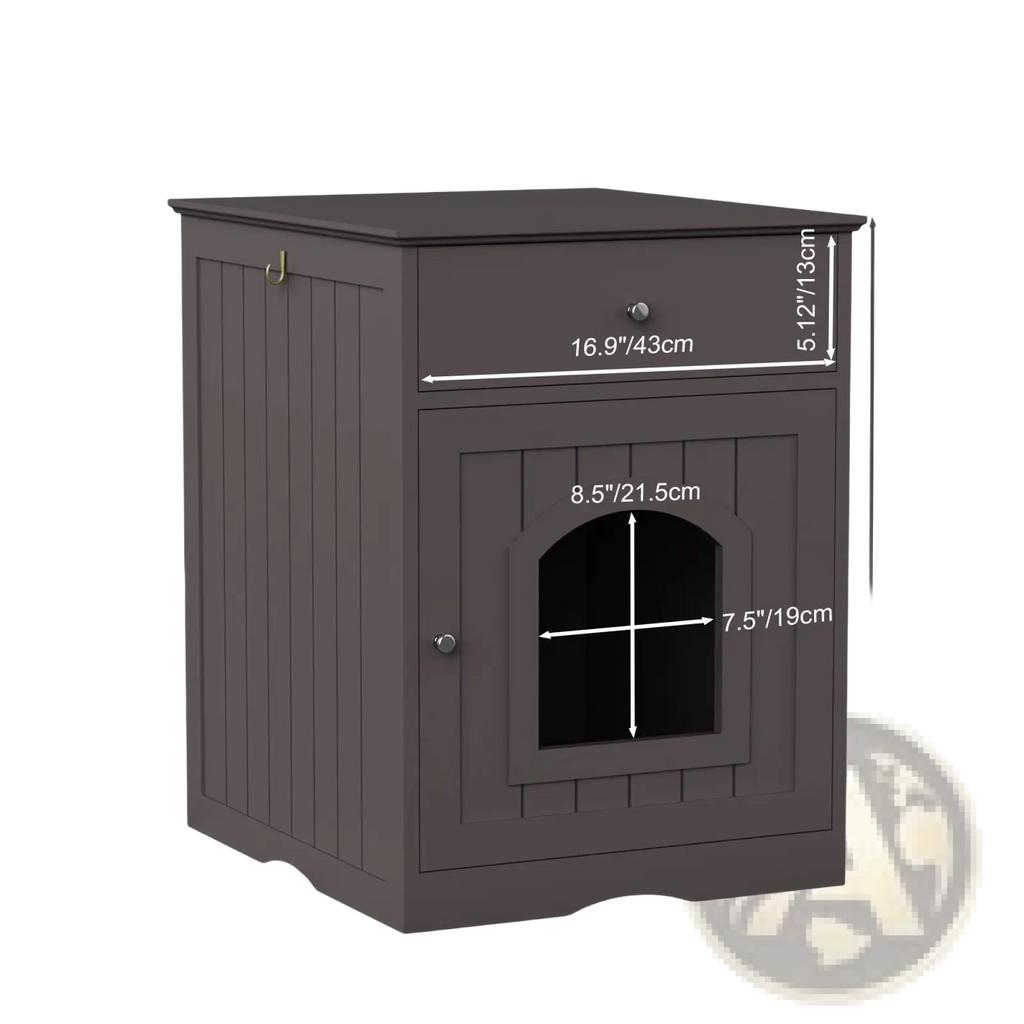 Dark brown wooden cat litter box enclosure with drawer and arched entrance serving as a nightstand