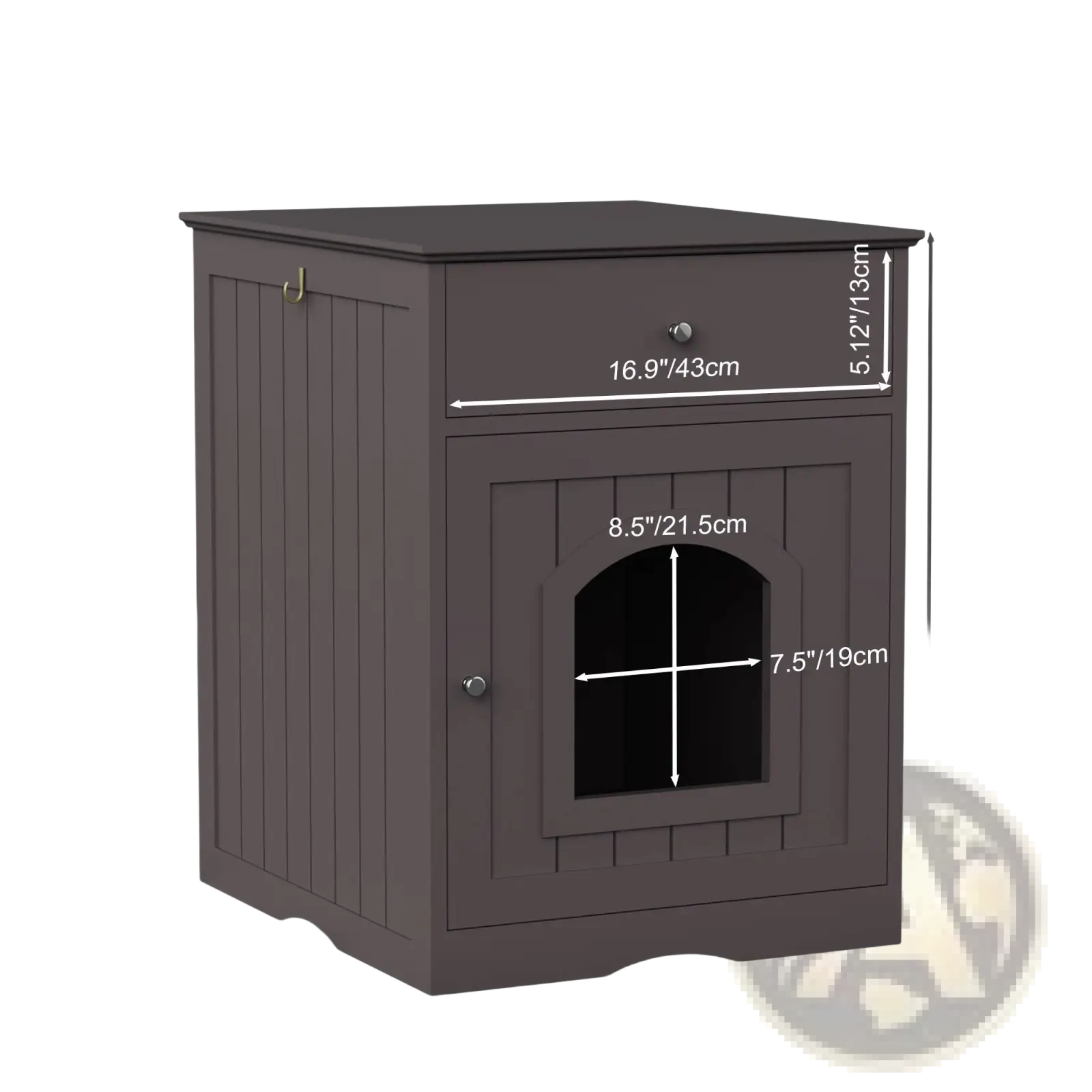 Dark brown wooden cat litter box enclosure with drawer and arched entrance serving as a nightstand