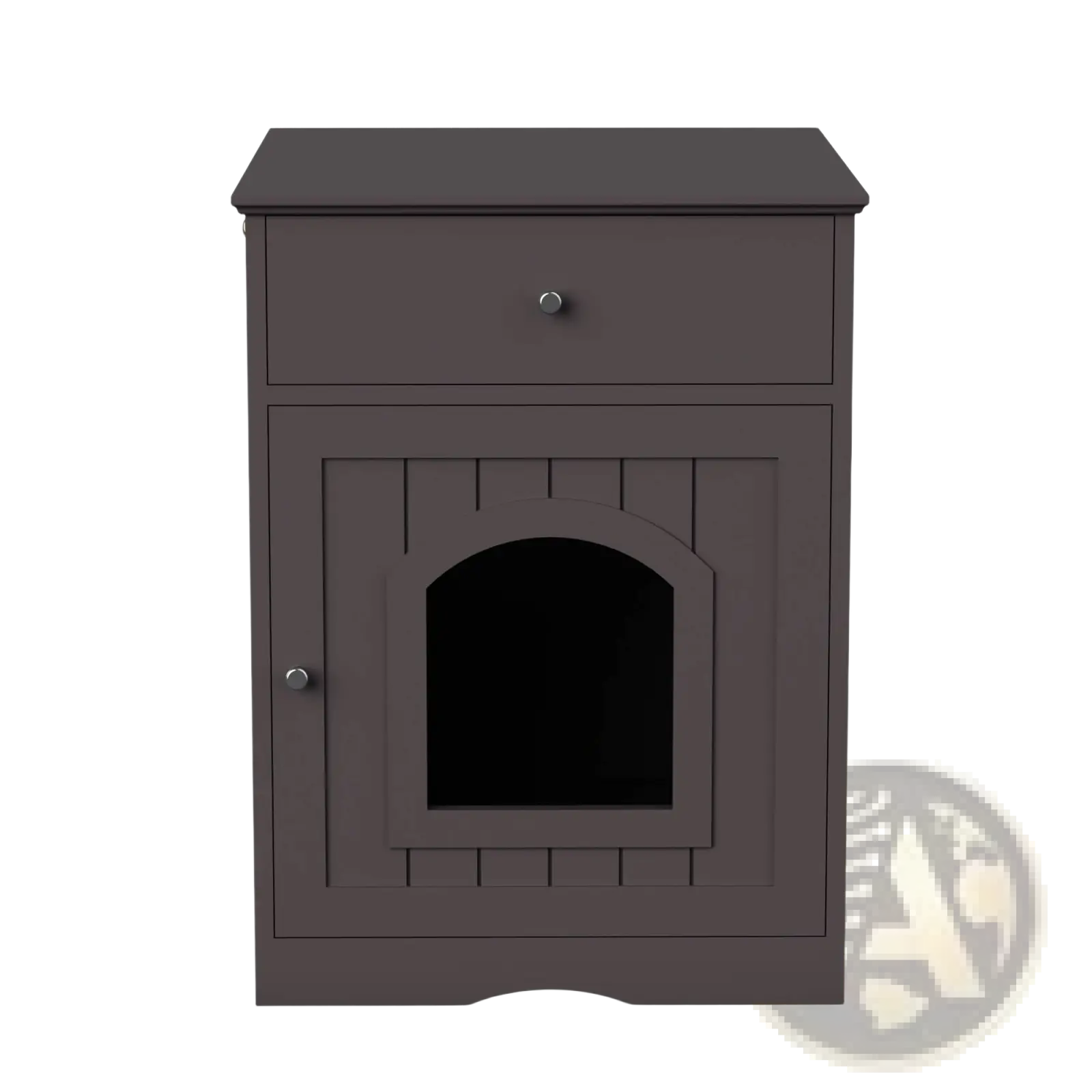 Dark gray wooden cat litter box enclosure with a single drawer and arched door designed as a nightstand