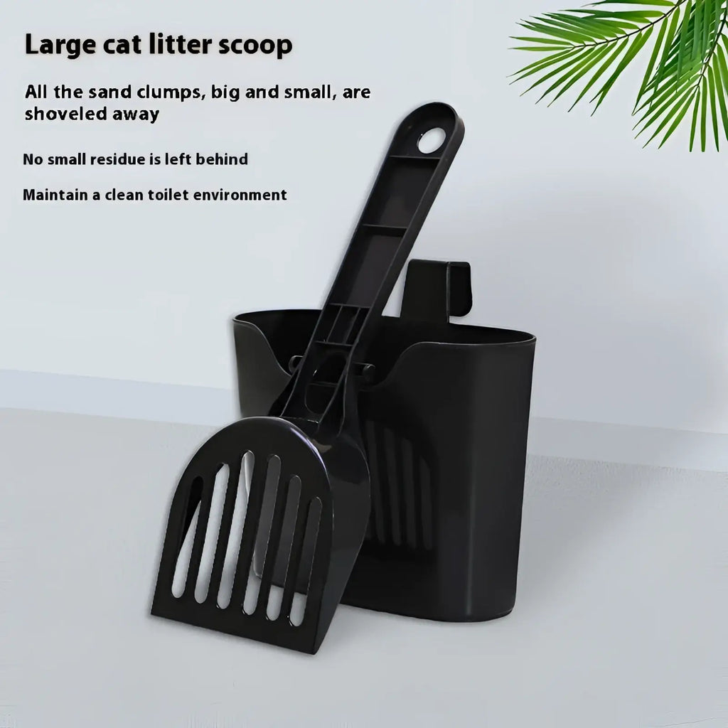 Black plastic cat litter scoop with slotted head and long handle for easy cleaning of clumps in scoop and holder set