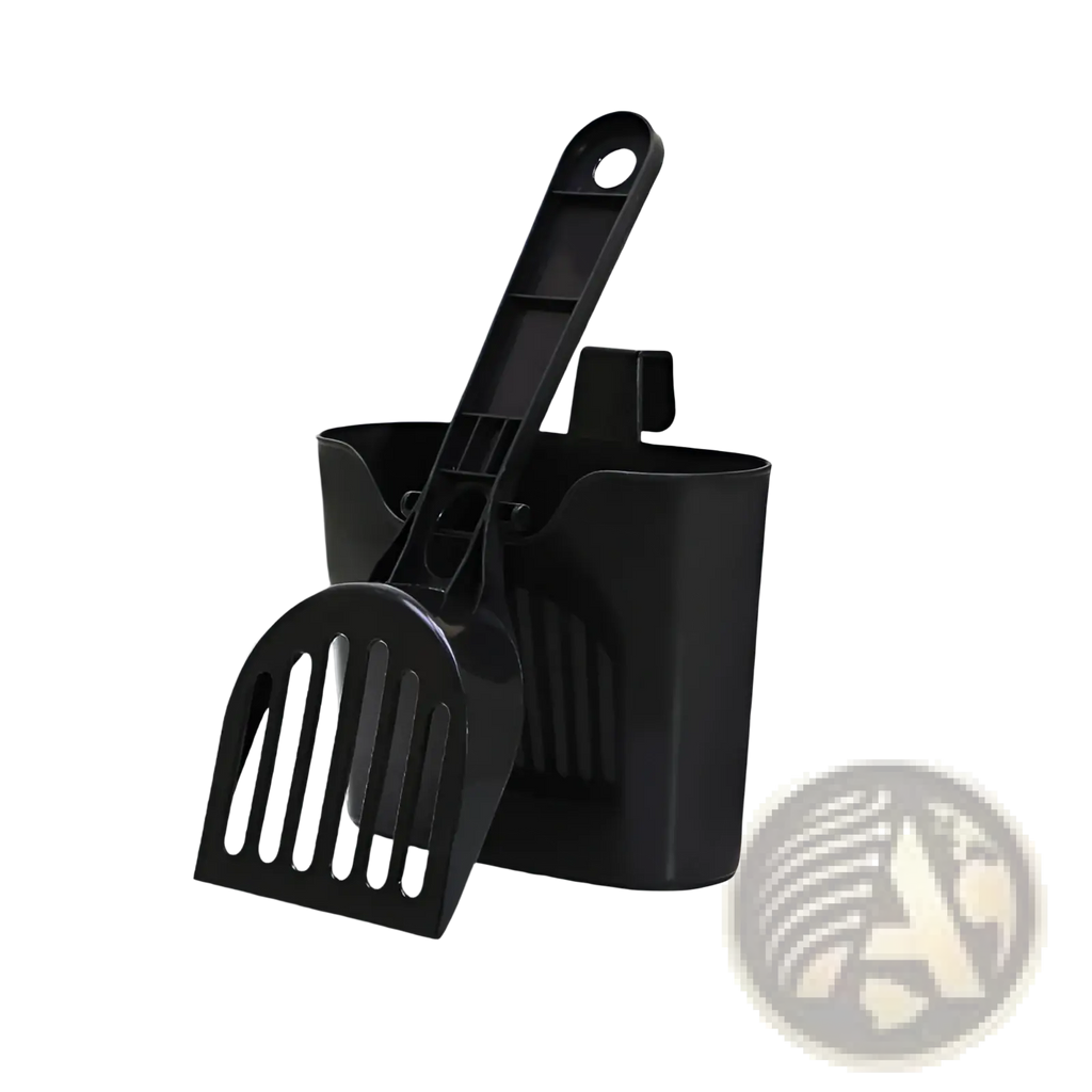Black plastic cat litter scoop and holder set with long handle for easy cleaning and storage