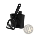 Black plastic cat litter scoop and holder set with long handle for easy cleaning and storage