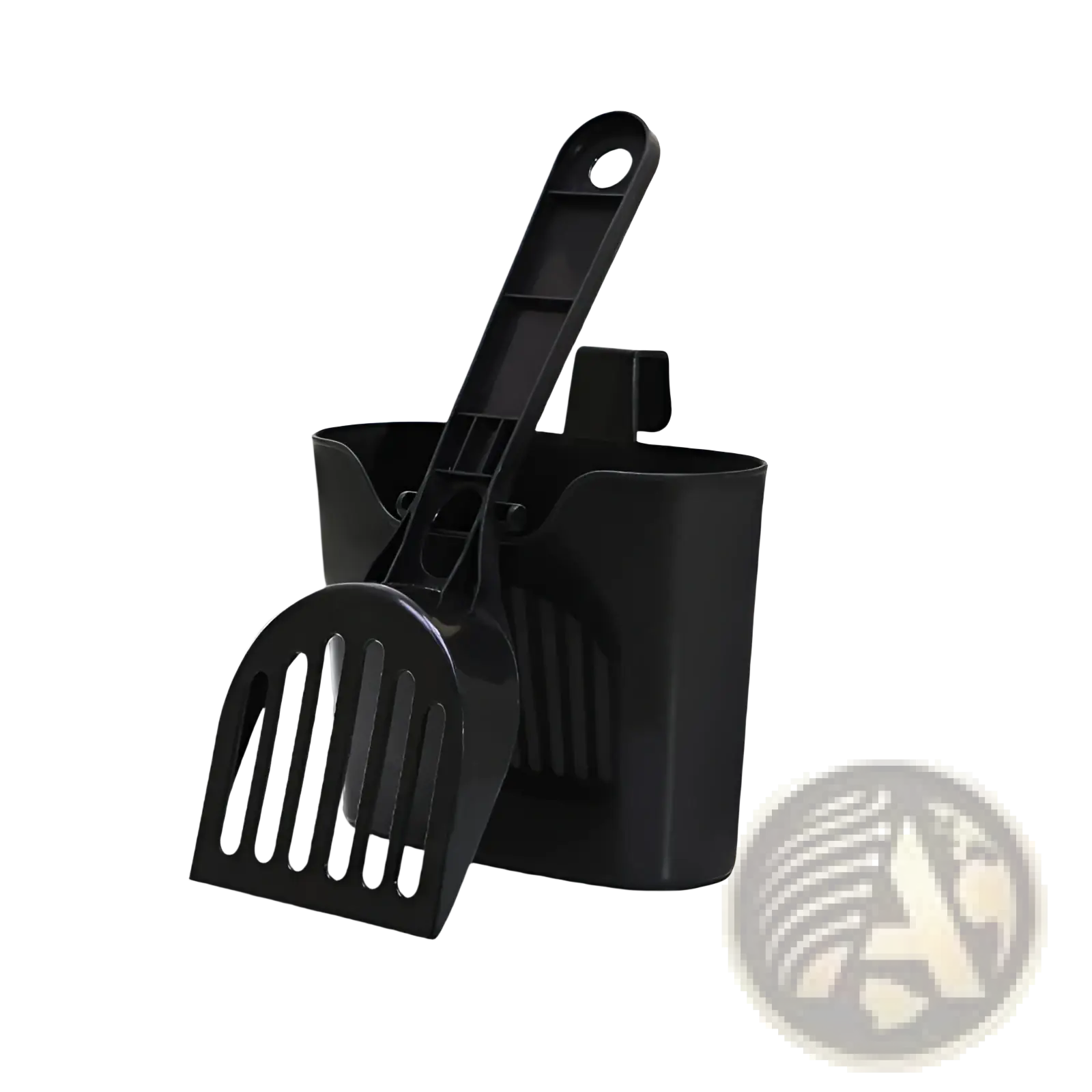 Black plastic cat litter scoop and holder set with long handle for easy cleaning and waste disposal