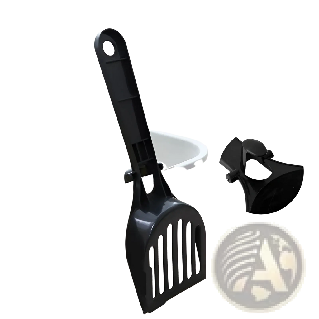 Black plastic cat litter scoop with long handle and hook for easy storage in cat litter scoop and holder set