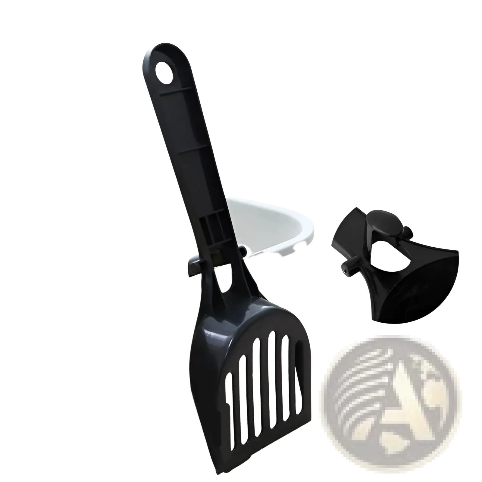 Black plastic cat litter scoop with long handle and hook for easy storage in cat litter scoop and holder set