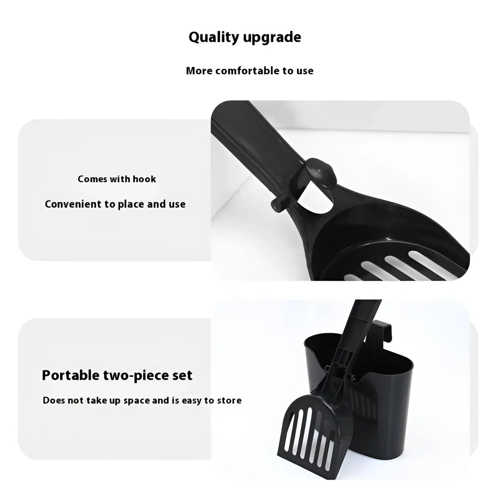 Black plastic cat litter scoop with slotted design and integrated hook for convenient storage in long handle set