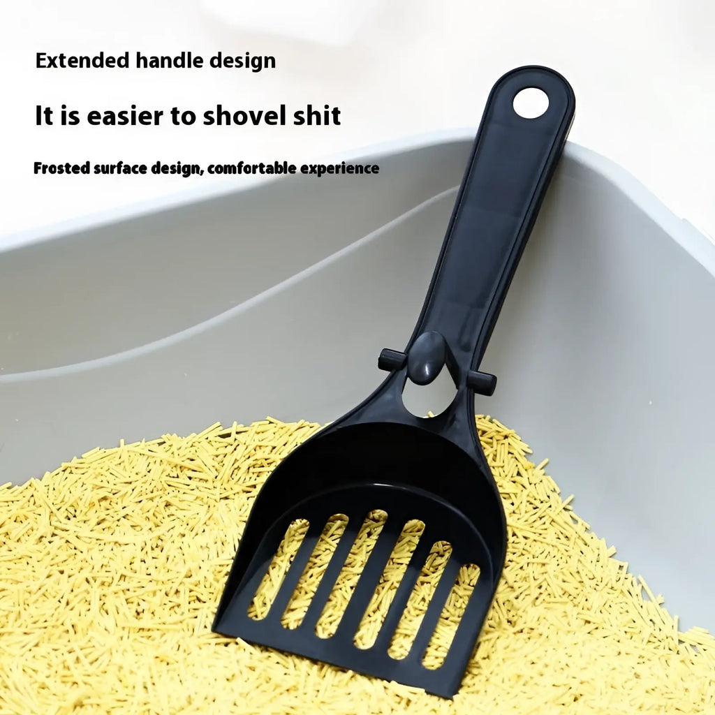 Black plastic cat litter scoop with frosted surface and long handle from cat litter scoop and holder set