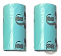 Light blue matte cylindrical cat litter scoop canisters with embossed branding and integrated bag dispenser