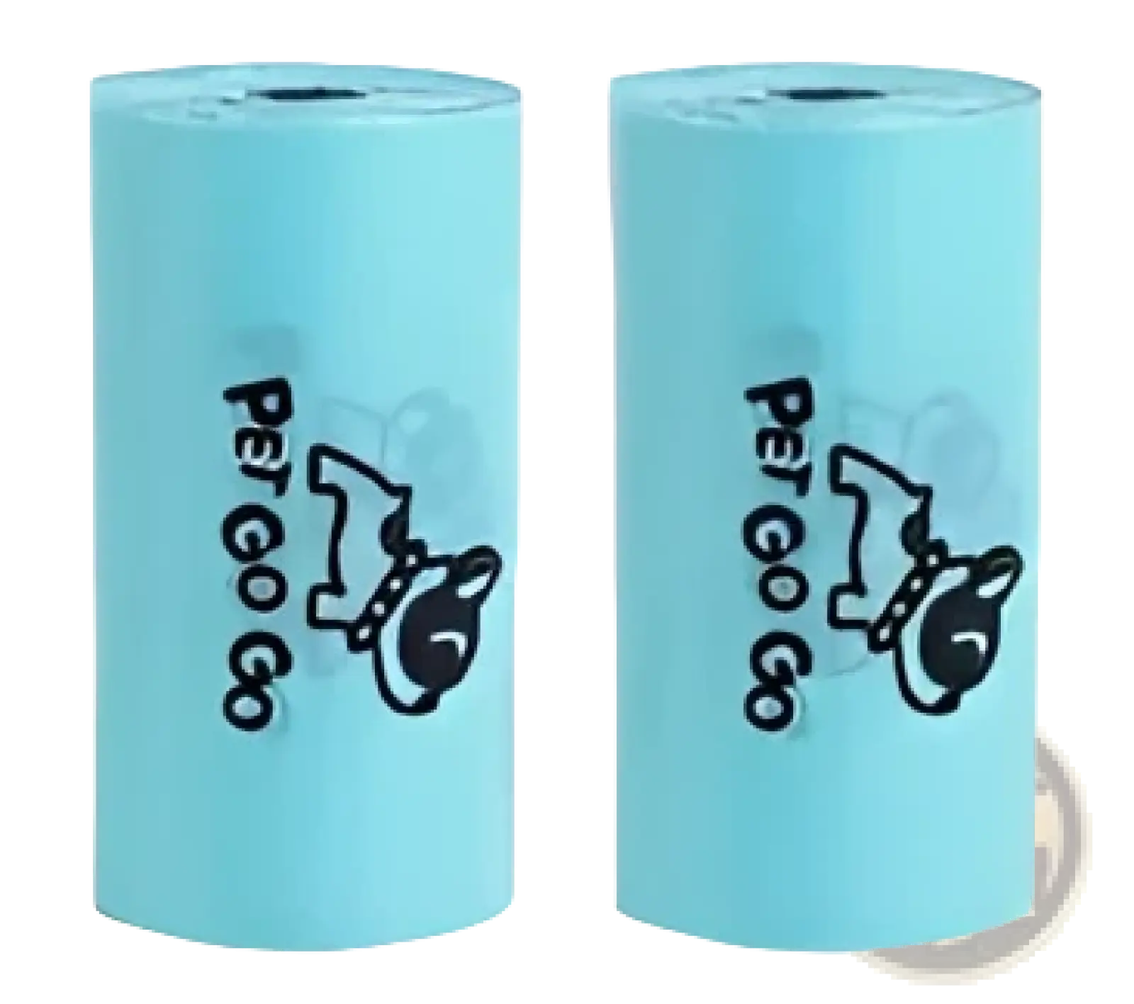 Light blue roll of pet waste bags with black pet go co branding and cartoon dog logo for cat litter scoop dispenser