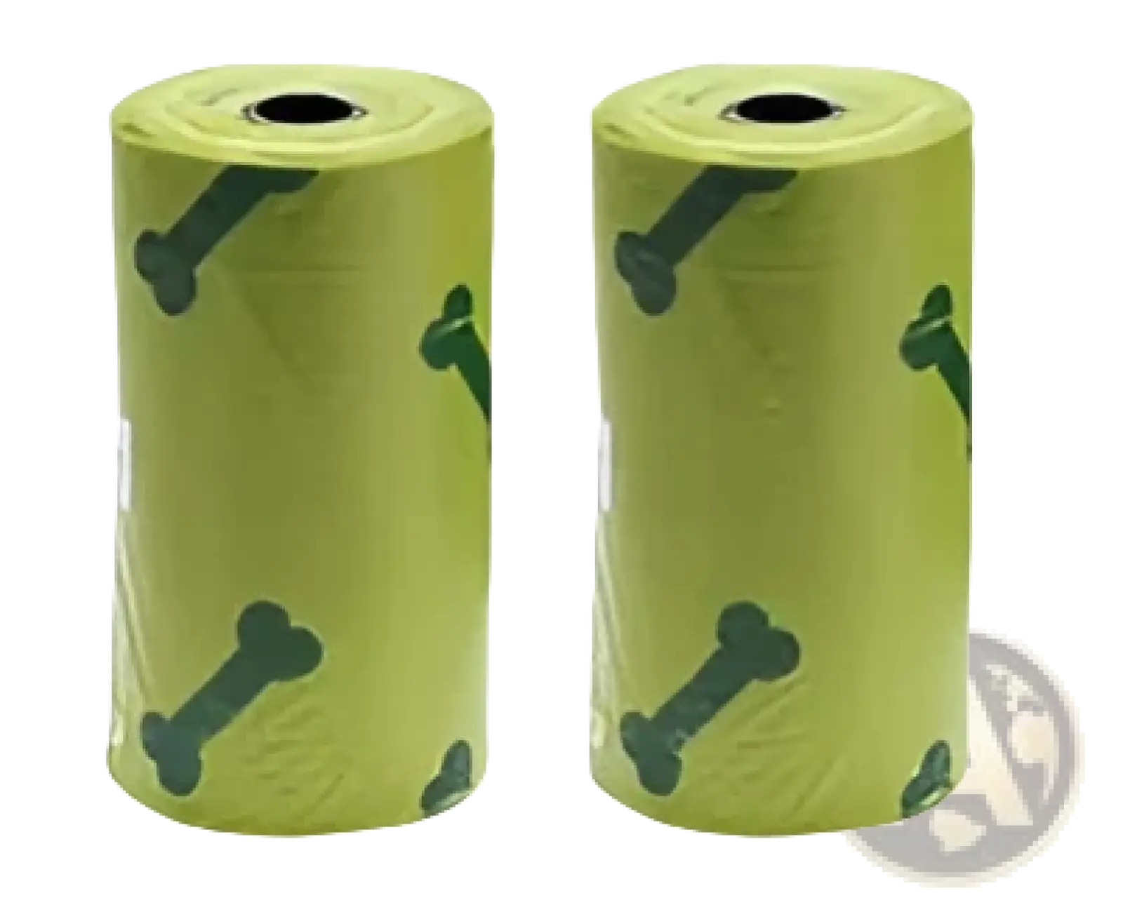 Two rolls of lime green dog waste bags with black bone pattern for use in cat litter scoop with integrated bag dispenser