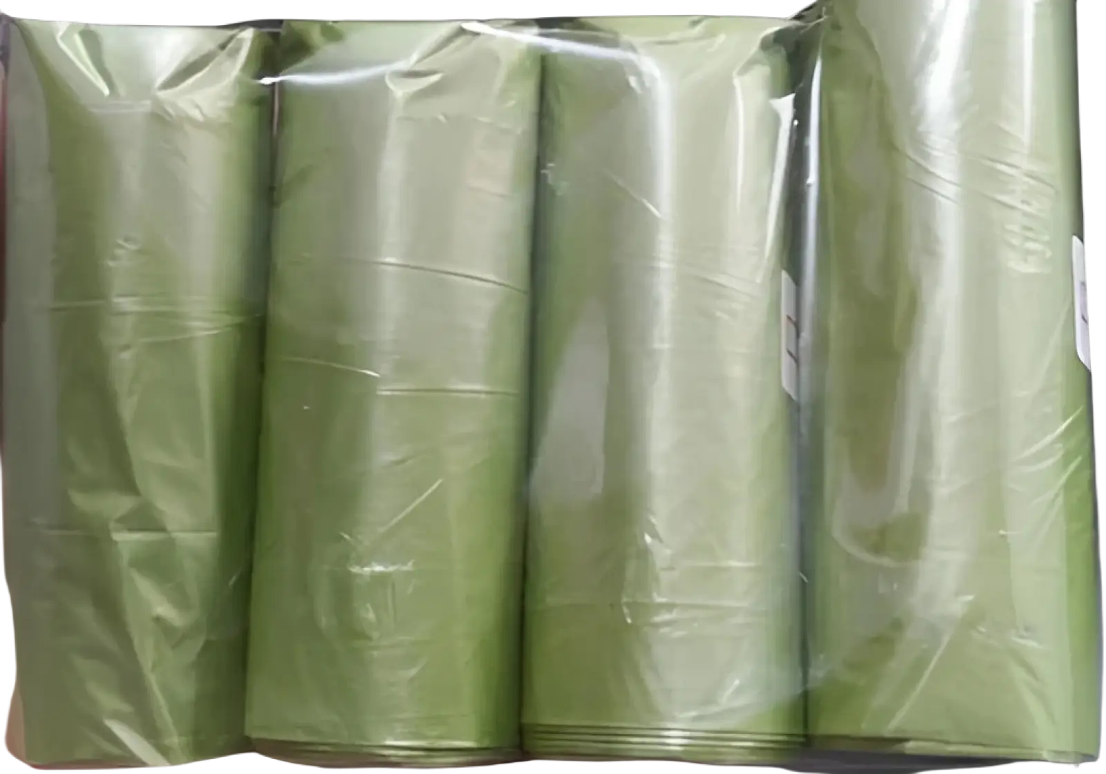 Light green plastic garbage bags packaged in clear wrap for cat litter scoop with integrated bag dispenser use