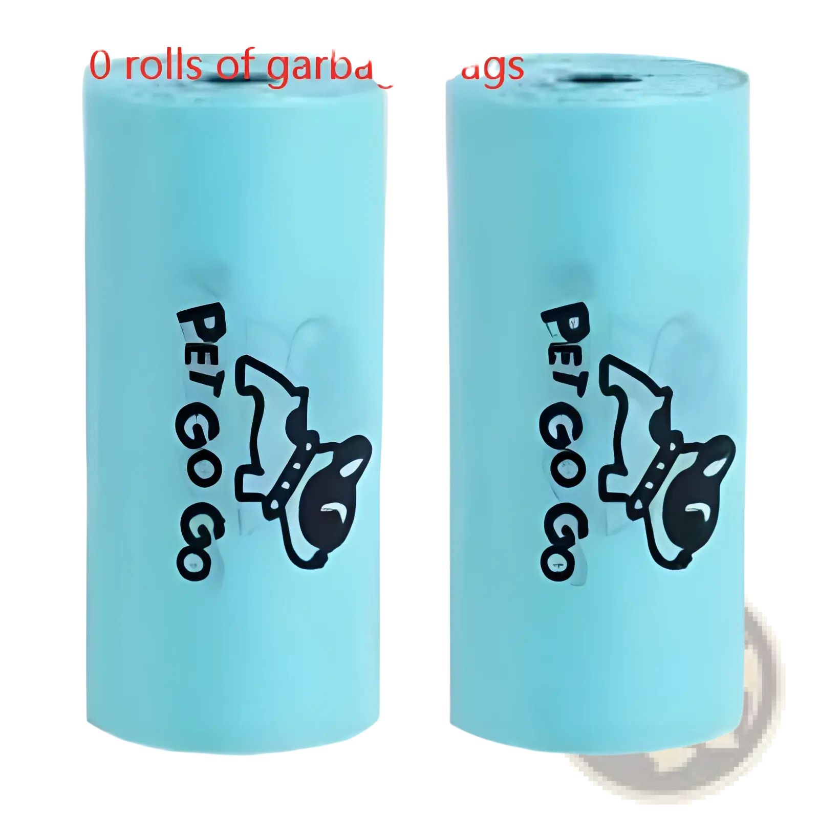 Light blue plastic rolls of pet go go brand garbage bags with black cartoon dog logo for cat litter scoop bag dispenser