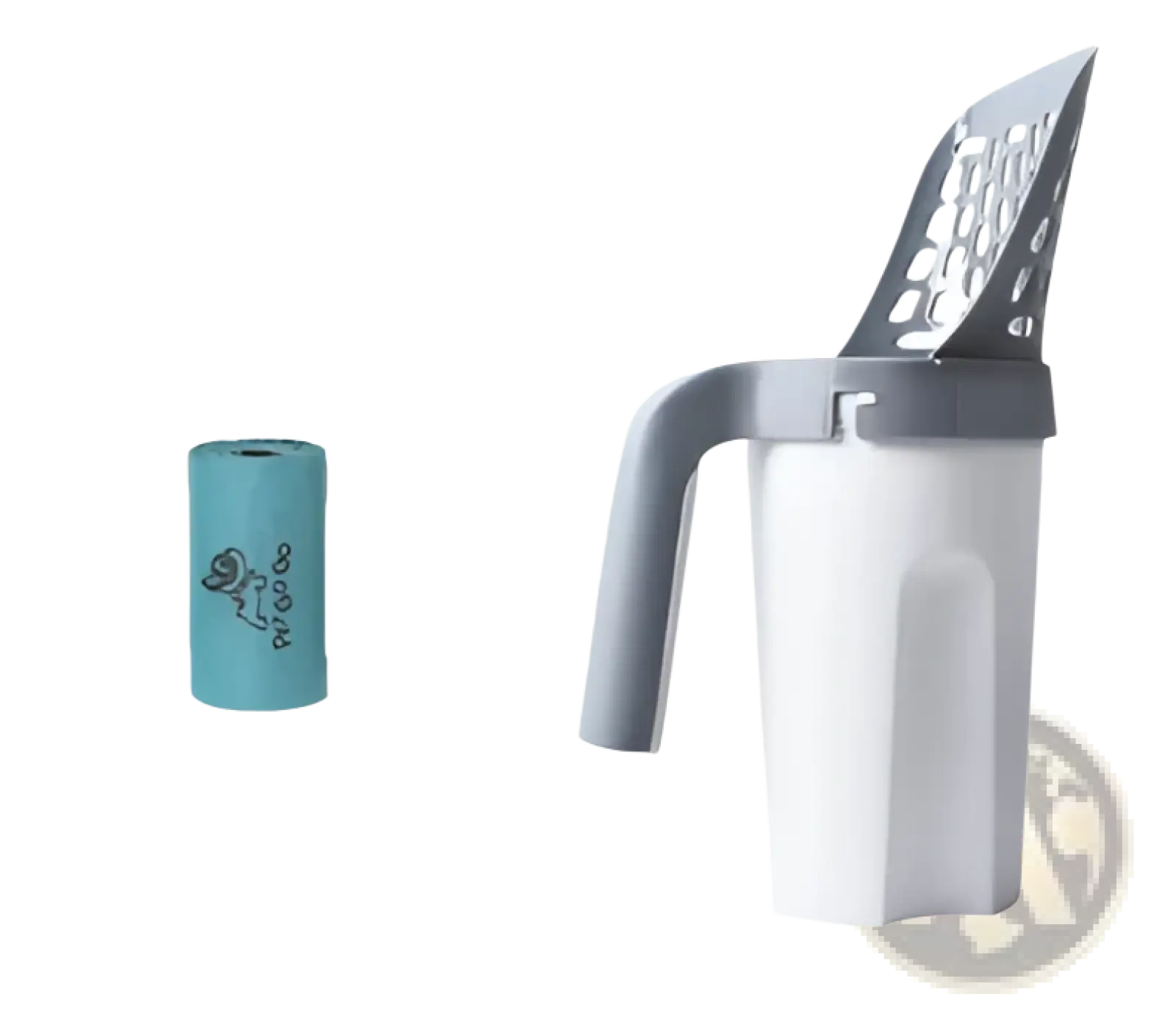 White and gray plastic cat litter scoop with perforated metal insert and integrated bag dispenser for easy cleaning