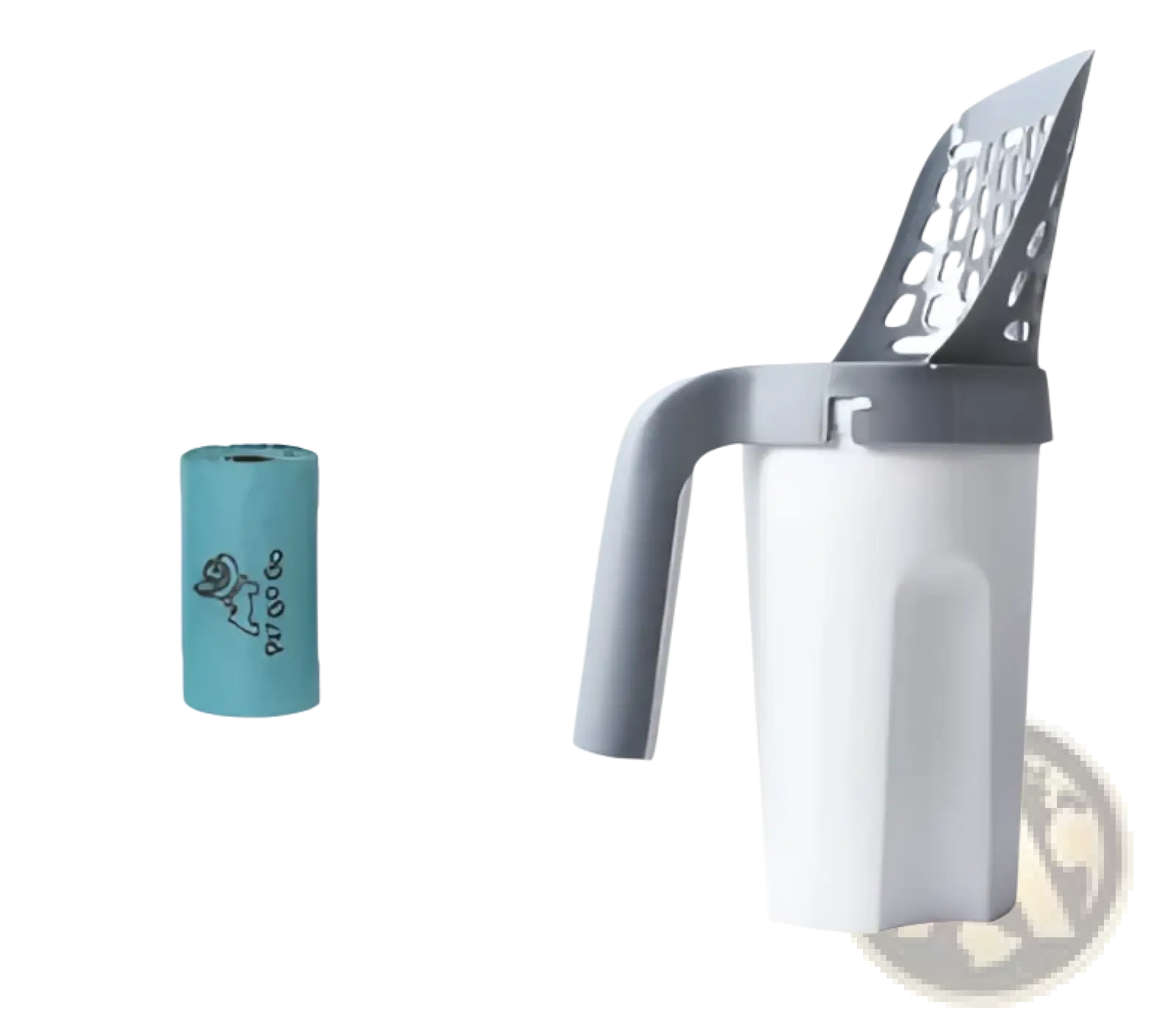 White and gray plastic cat litter scoop with integrated bag dispenser and perforated handle for easy waste removal