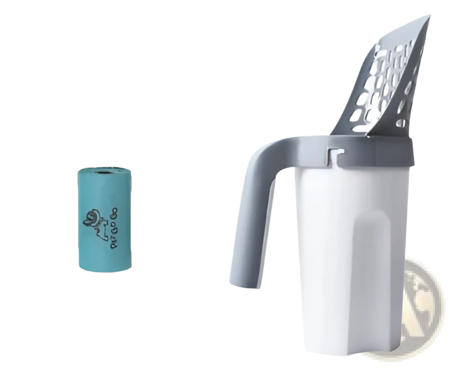 White and gray plastic cat litter scoop with integrated bag dispenser and perforated handle for easy use