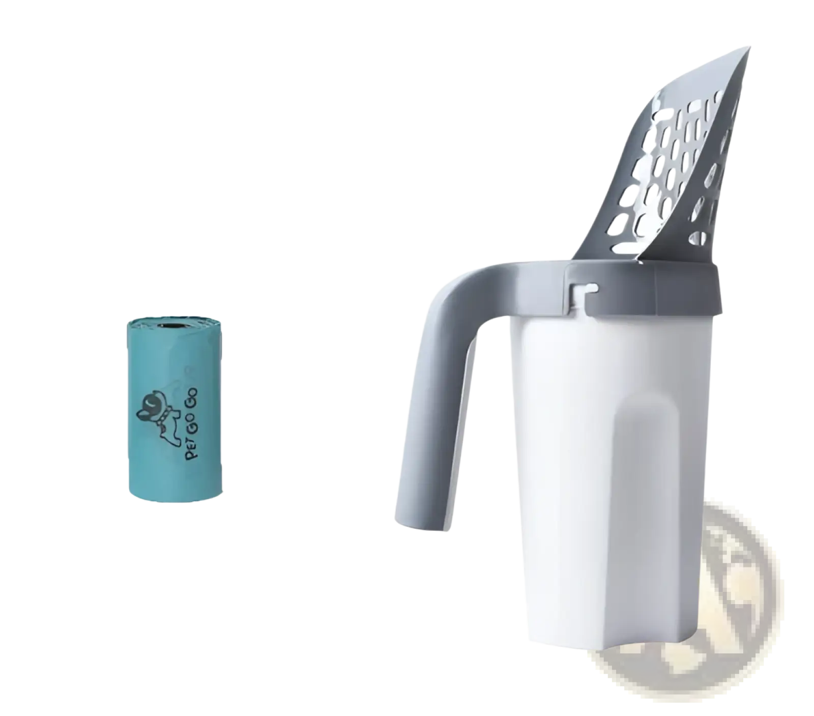 Cat litter scoop in white and gray plastic with perforated handle and integrated bag dispenser for pet waste